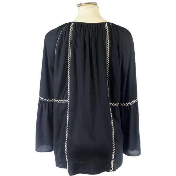 NWT Black Karen Kane Blouse with White Embroidered Zig-Zag and Tassel Si… - Picture 6 of 9